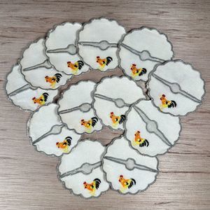 Set of 12 Linen Embroidered Rooster Glass Ware Stem Covers Slippers Coasters